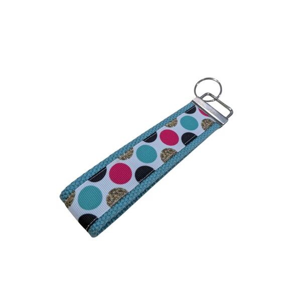 Polka Dot Keychain Wristlet Handmade Fabric‎ Key FOB Teal Black Pink Gold Dots - Picture 2 of 7